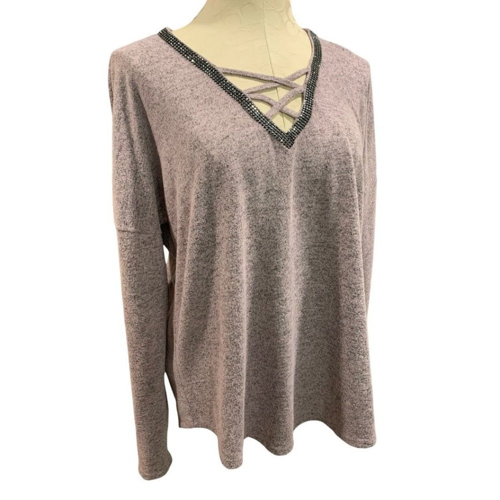 Large Jennifer Lopez Women's Pink Embellished V-Neck Sweater Criss Cross